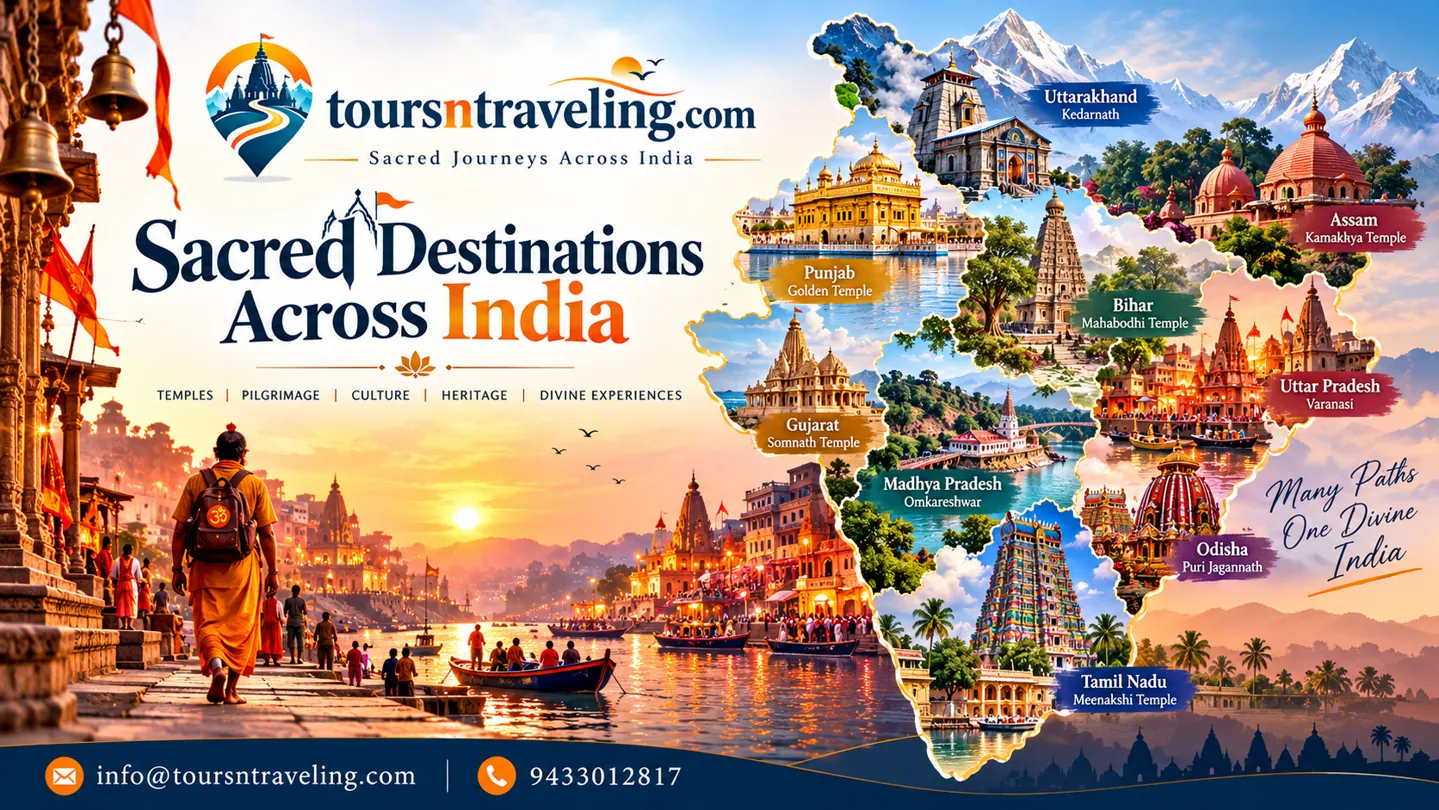 Pilgrimage destinations across India — branded editorial illustration