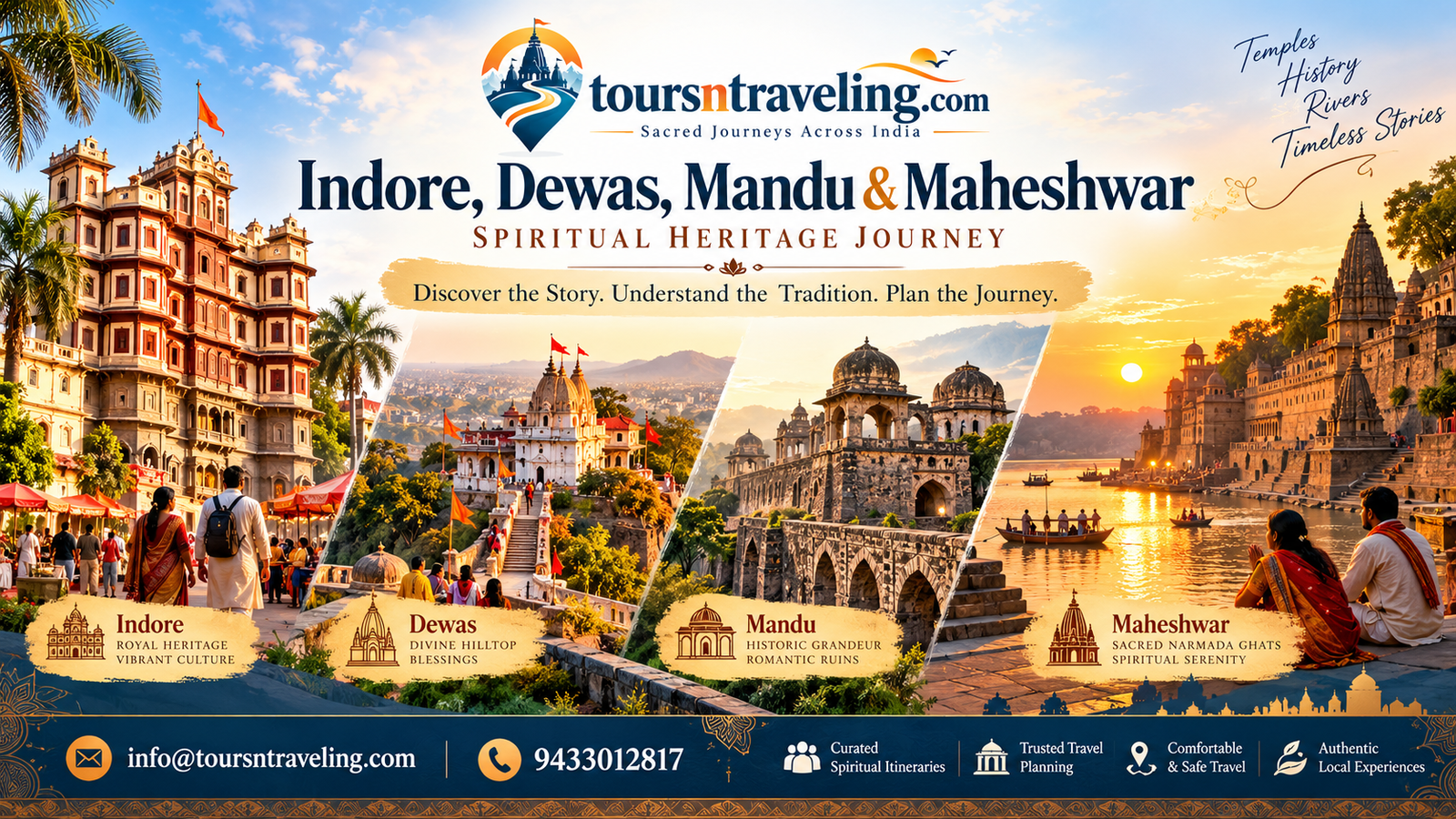 Illustrative regional pilgrimage scenery for Indore, Dewas, Mandu & Maheshwar Spiritual Heritage