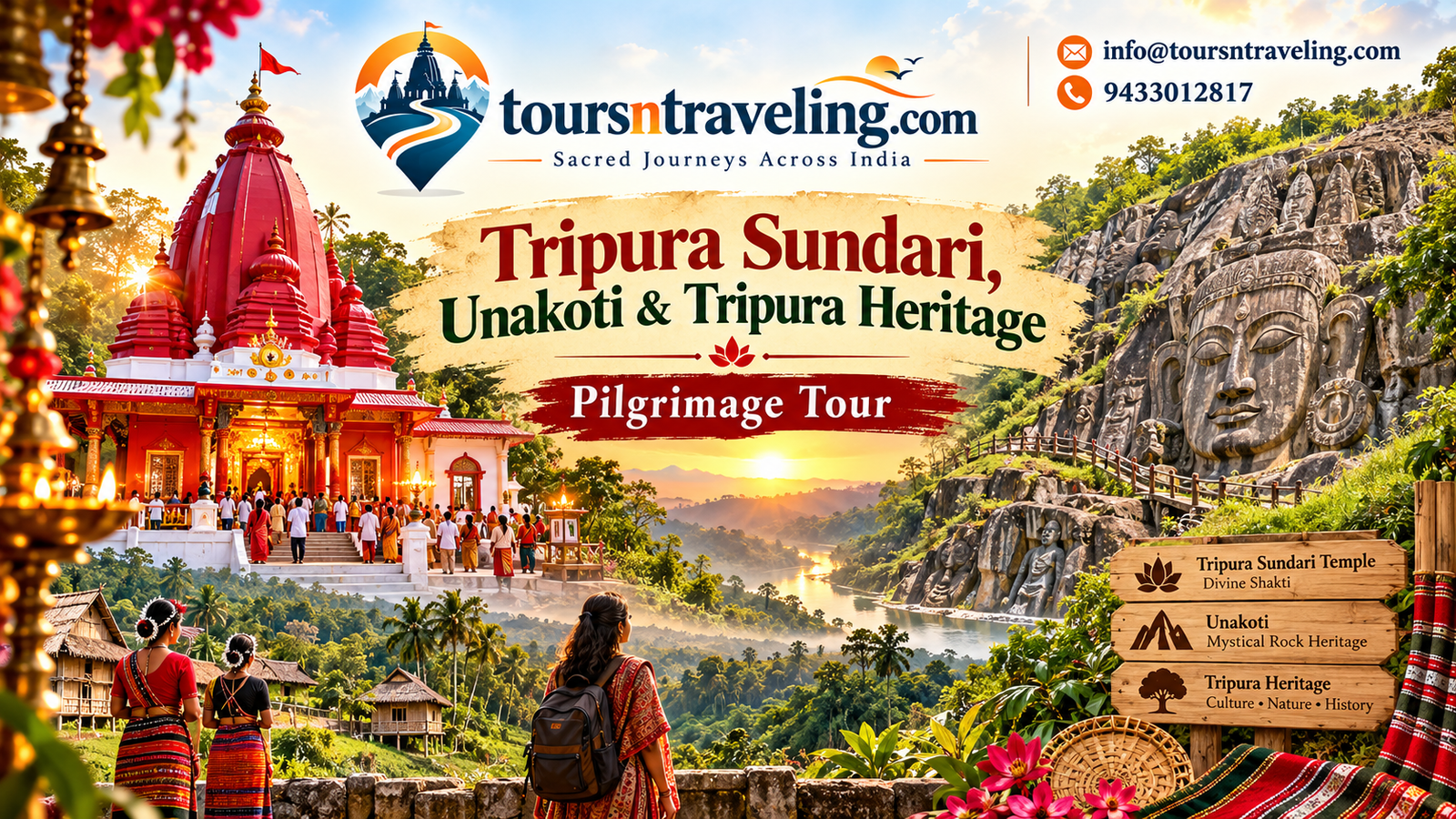 Illustrative regional pilgrimage scenery for Tripura Sundari, Unakoti & Tripura Heritage