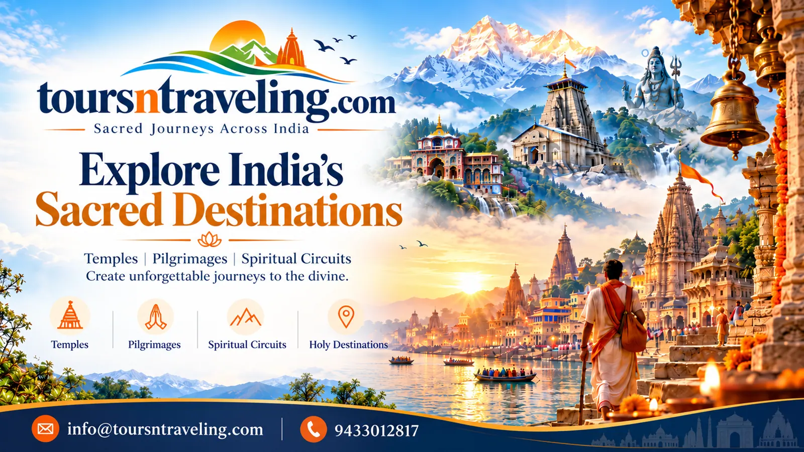 Toursntraveling religious tourism hero banner, featuring sacred Himalayan temples, pilgrimage ghats and contact details